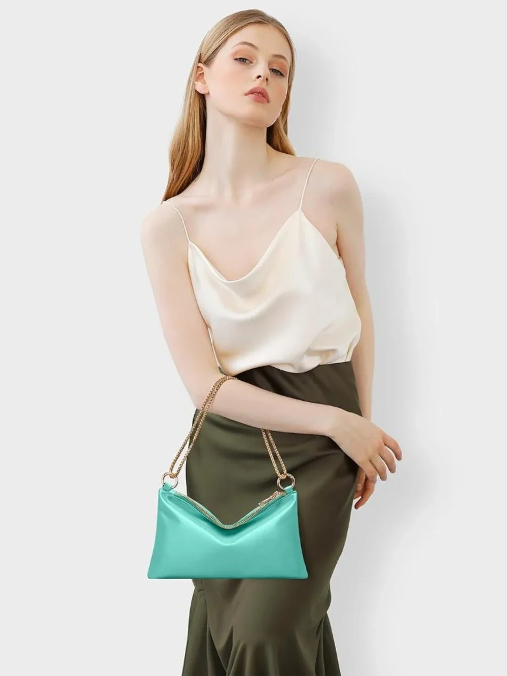 Women's Peacock Green Satin Purse Prom Wedding Cocktail Evening Shoulder Bag